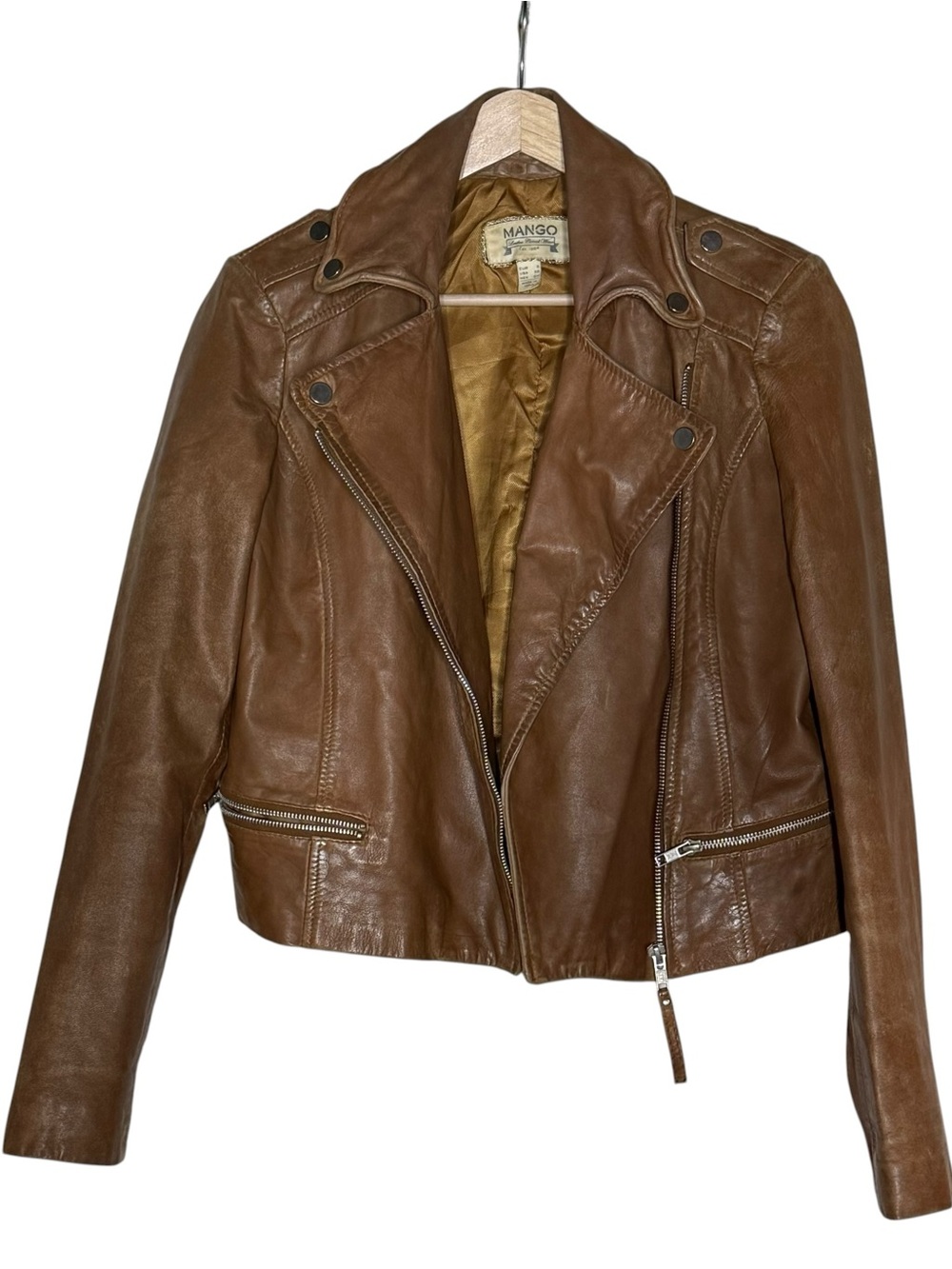 Mango 100% Sheep Leather Brown Cropped Moto Jacket Size XS Distressed Boxy